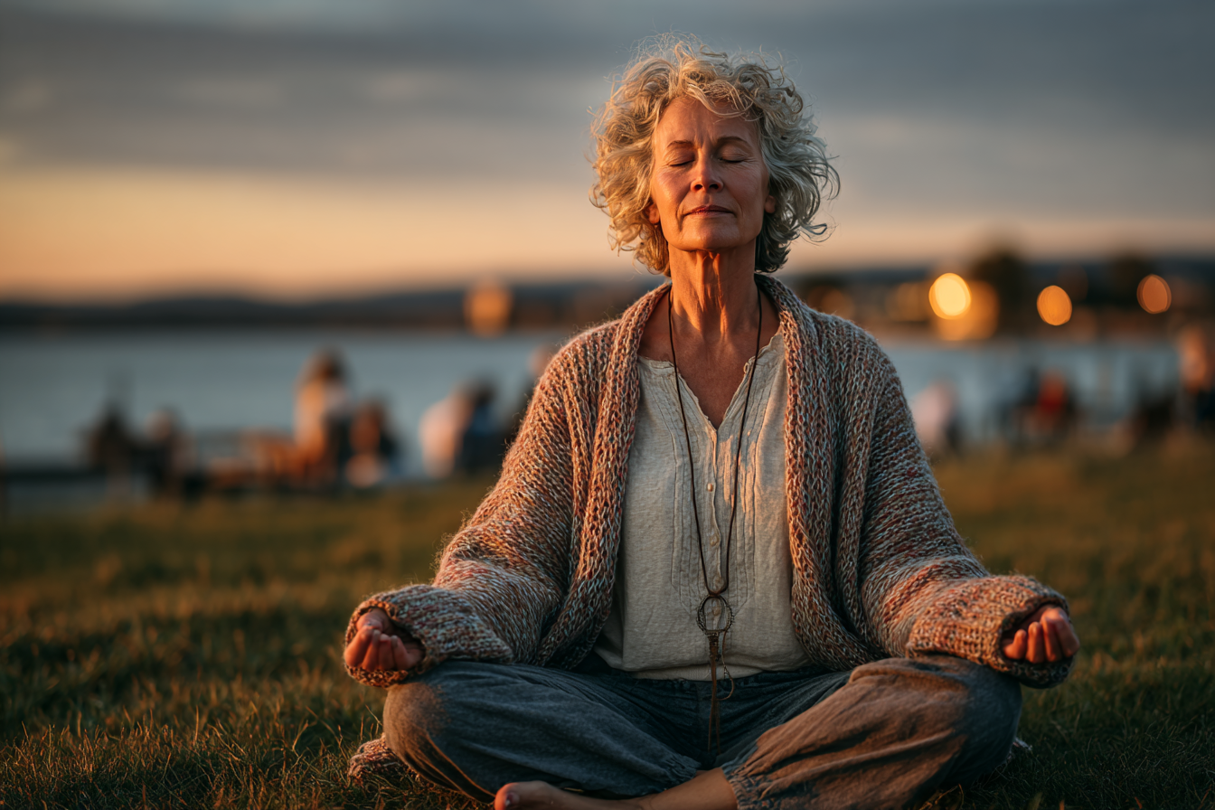 Група людей зрілого віку займається йогою на природі